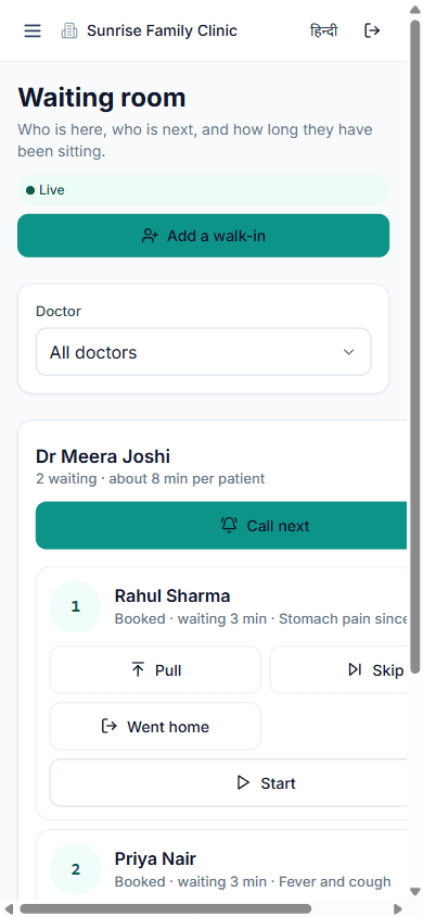 Clinic waiting room with Call next controls