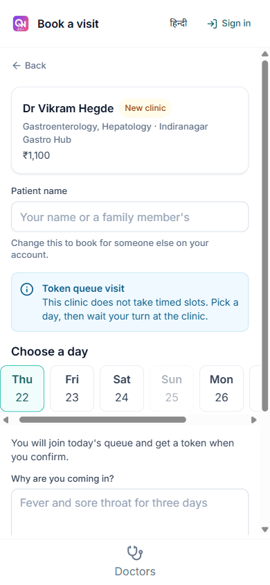 CareFlow booking — pick a day and reason for visit
