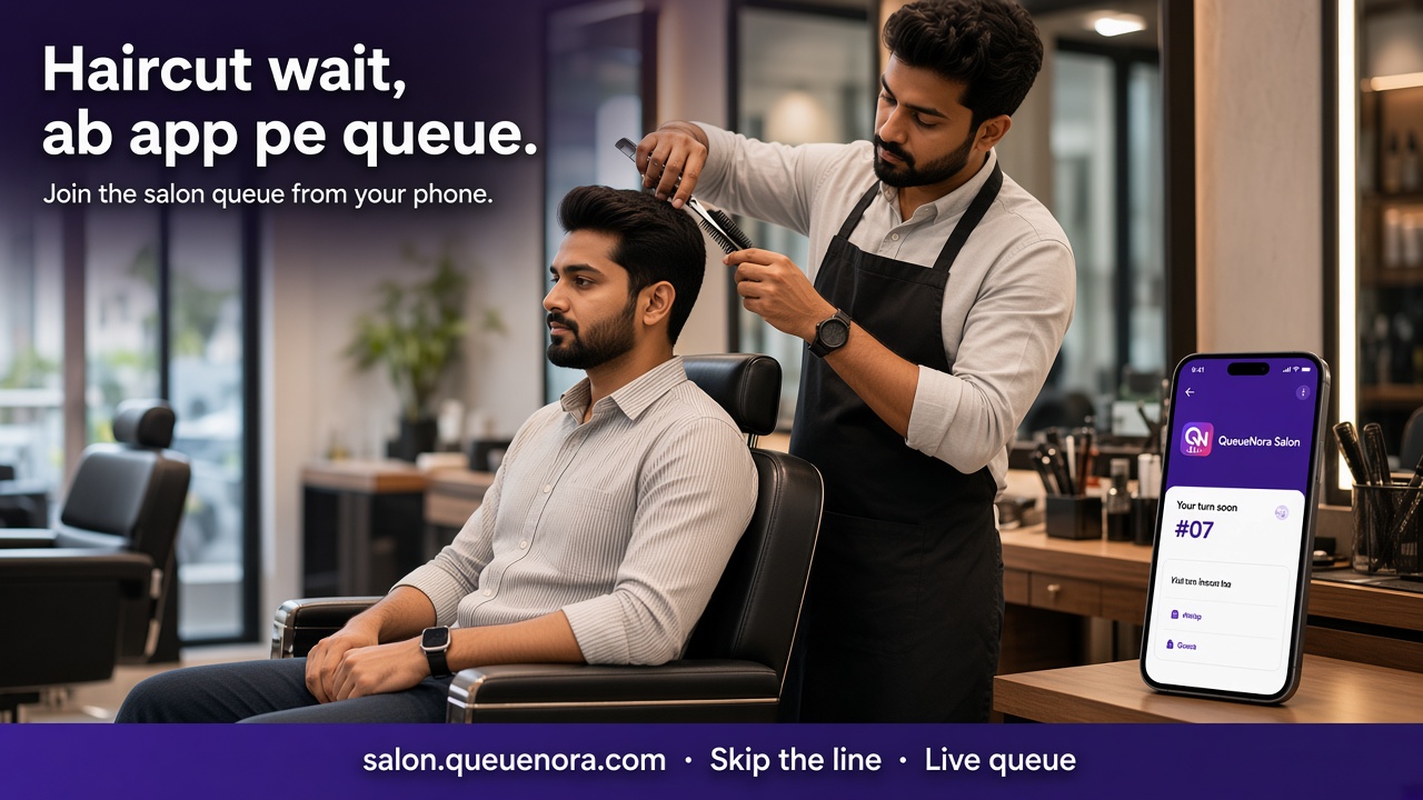 Haircut in progress with live queue ticket on phone